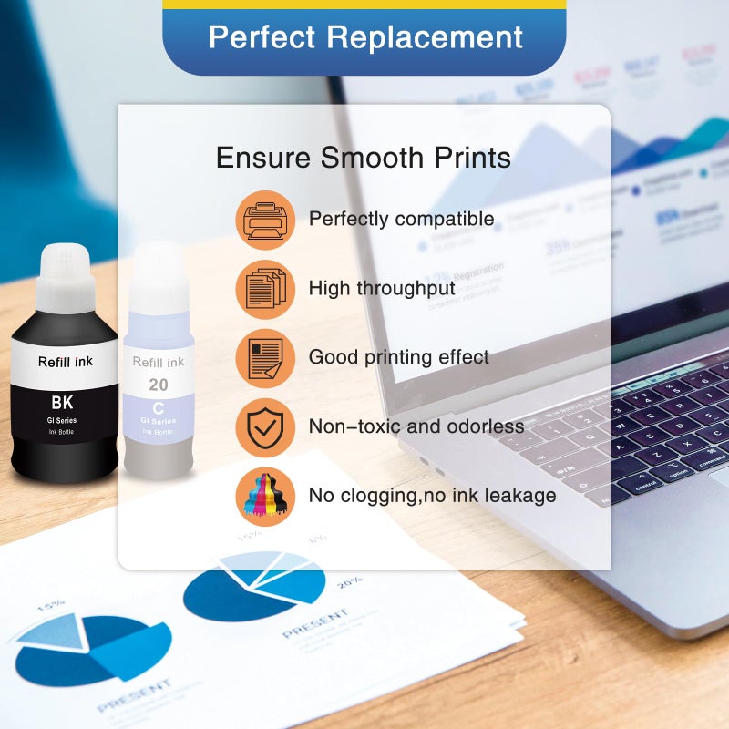 Topcolor Compatible Dye Ink Replacement for Canon GI-20 GI20 Ink Bottles Refills Kit for Canon G6020 G7020 G5020 MegaTank Printers, 170mL Black Ink Refill, 70mL Cyan Magenta Yellow, 4 Packs - Image 5